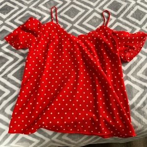 MONTEAU Red Polka-Dot Scolloped Top Size Medium